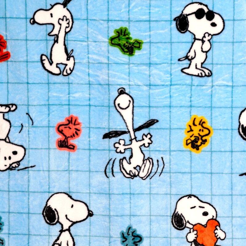 2-in-1 Blankeazzz Plush Toy & Travel Blanket featuring Snoopy & Woodstock on a blue grid pattern