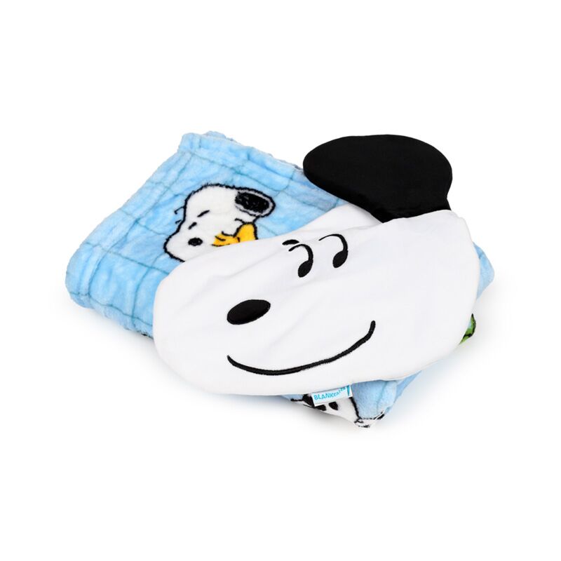 Peanuts Snoopy & Woodstock 2-in-1 Blankeazzz plush toy and travel blanket, Snoopy’s white face on a blue quilt.