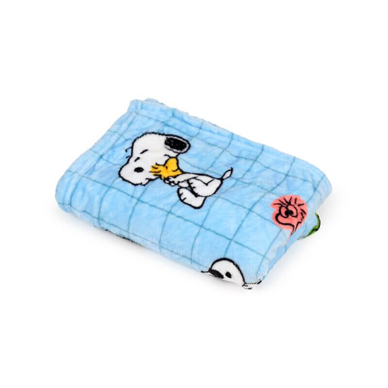 Blue quilted blanket featuring Snoopy and Woodstock, 2-in-1 Blankeazzz plush toy and travel blanket.