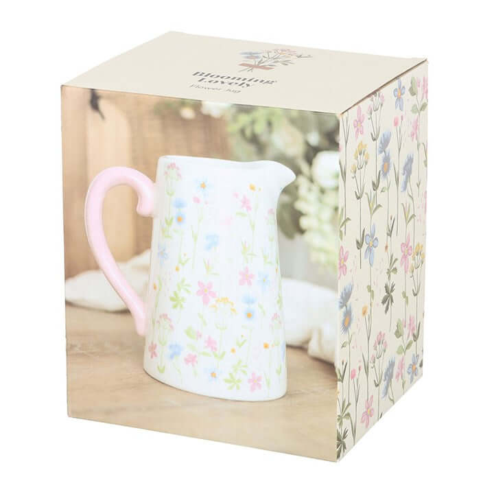 SpringBloom Floral Print Ceramic Flower Jug in decorative packaging with soft pink handle.