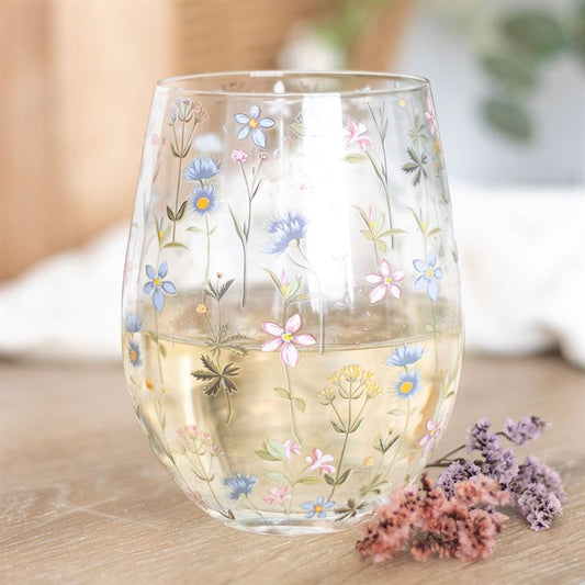 Delicate Floral Print Stemless Glass perfect for sipping drinks in the garden, inspired by a charming cottage garden.