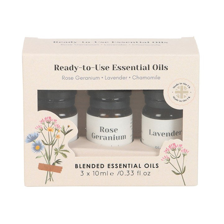 Set of 3 Floral Blended Essential Oils featuring Rose Geranium, Lavender, and Chamomile for relaxation and aromatherapy.
