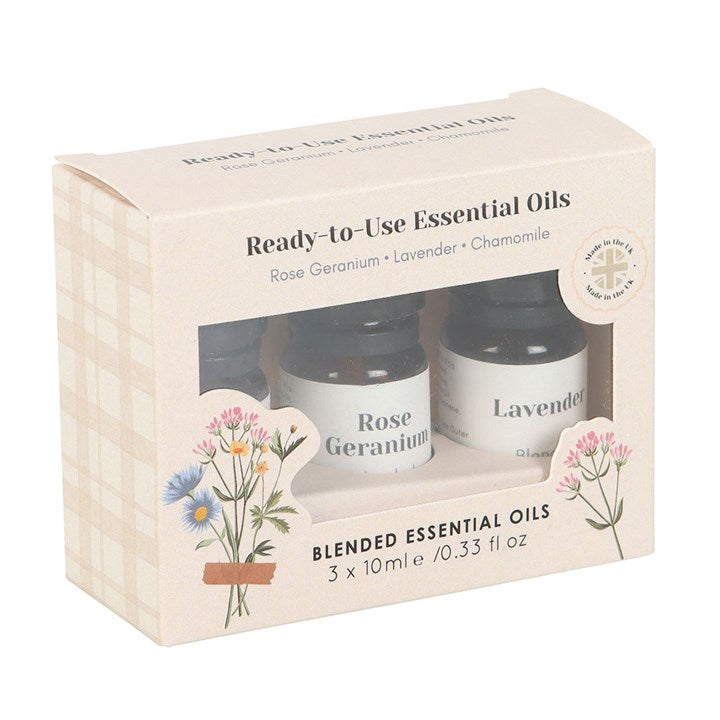 Set of 3 Floral Blended Essential Oils featuring Rose Geranium, Lavender, and Chamomile for ultimate relaxation.