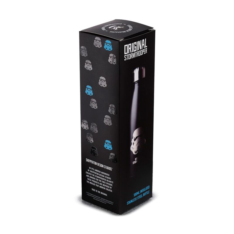 Original Stormtrooper Black 500ml insulated bottle in its packaging box with stormtrooper helmet motif.