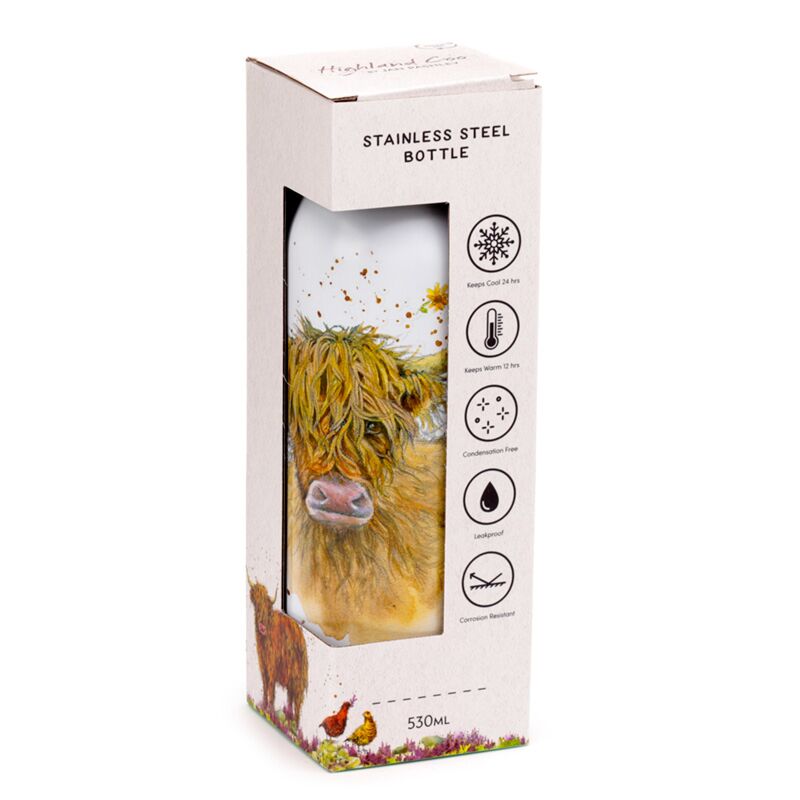 Reusable insulated 530ml bottle with Highland Coo cow artwork by Jan Pashley