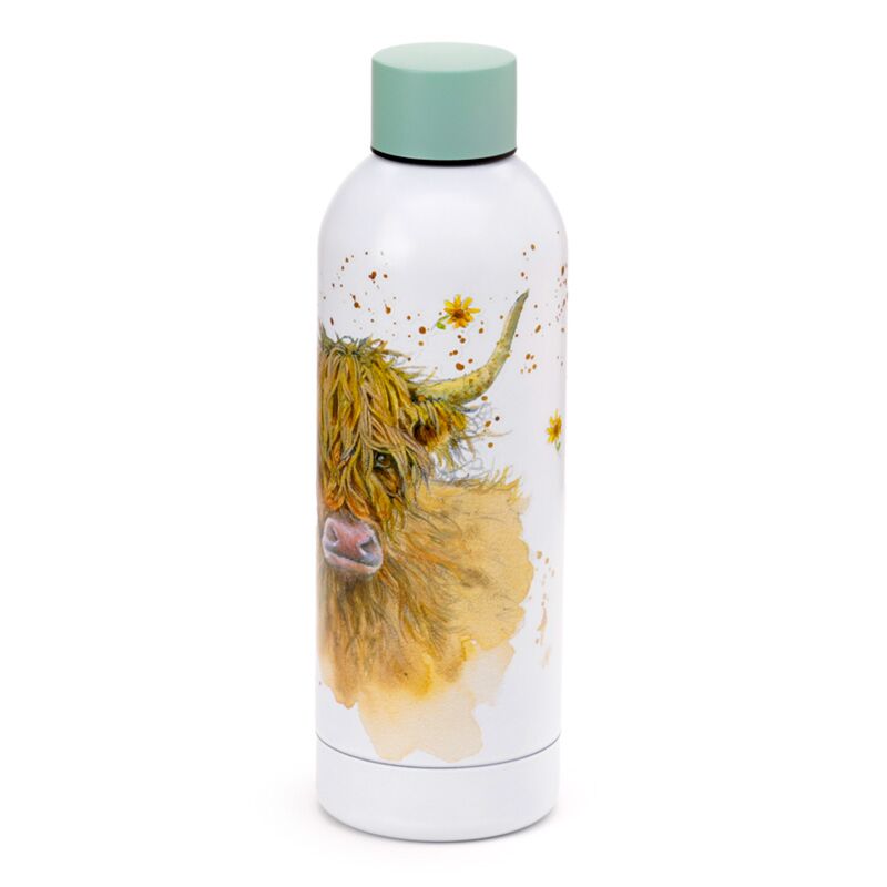 White 530ml insulated bottle with mint cap featuring the Highland Coo Cow design.