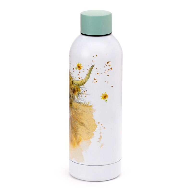 Reusable 530ml insulated bottle with Jan Pashley Highland Coo Cow artwork on white, mint cap.