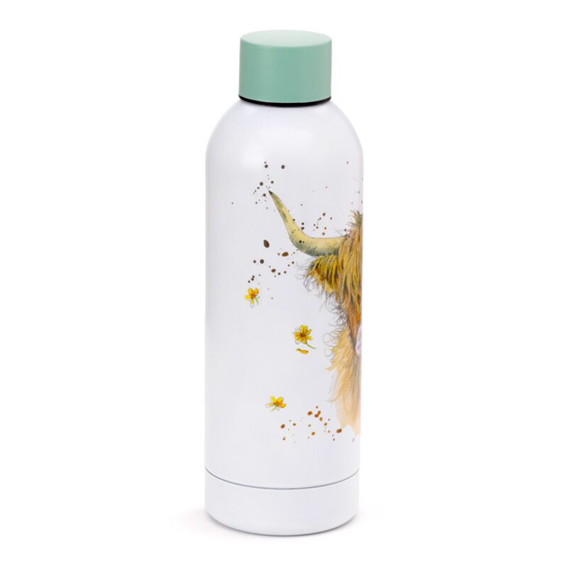 530ml reusable insulated bottle with Highland Cow artwork by Jan Pashley, white with mint cap.