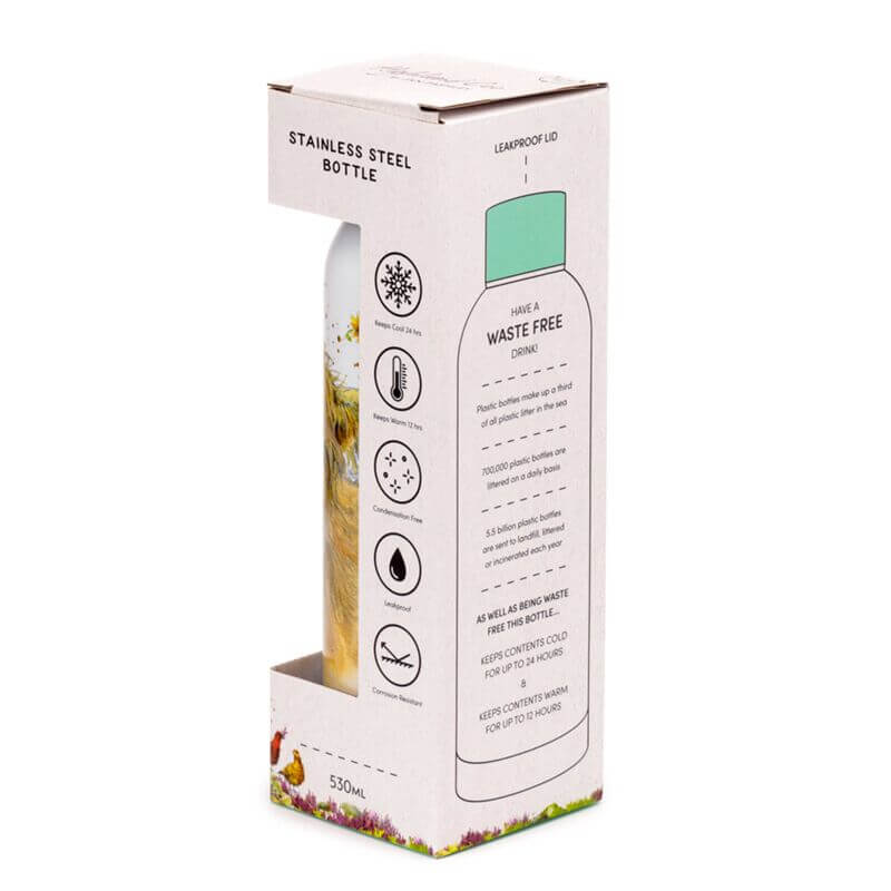 Reusable insulated 530ml bottle featuring Jan Pashley Highland Coo cow design in a cardboard packaging.