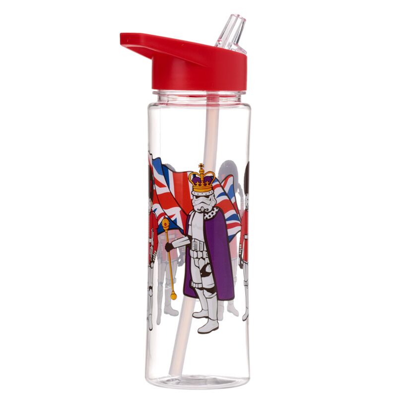 550ml reusable shatterproof water bottle featuring London Stormtrooper artwork with crown and Union Flags, red lid.