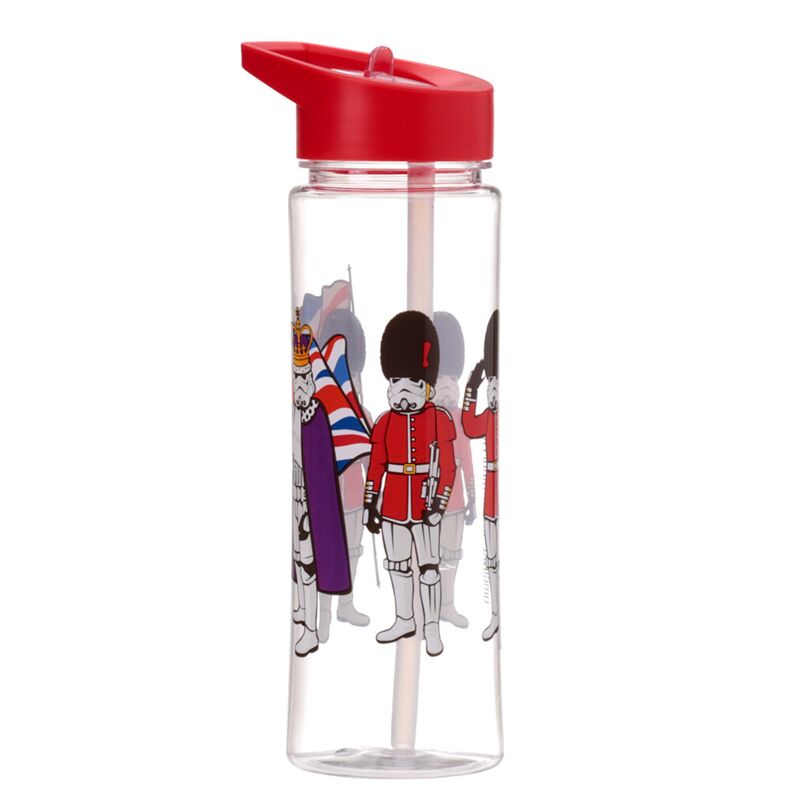 Clear 550ml reusable water bottle with red flip-top lid and straw, adorned with Stormtrooper illustrations.