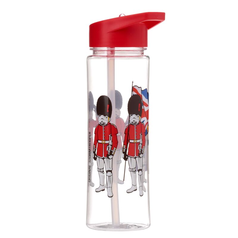 Reusable shatterproof 550ml water bottle featuring The Original Stormtrooper London design with a red cap.