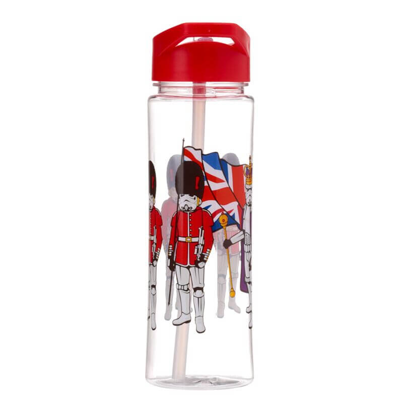 Reusable shatterproof 550ml water bottle with red cap and straw, featuring London guards and Union Jack artwork.