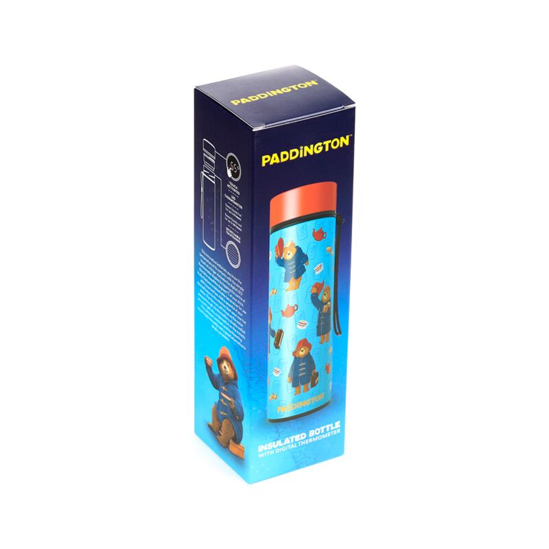 Paddington Bear reusable insulated drinks bottle with digital thermometer, blue design, boxed.