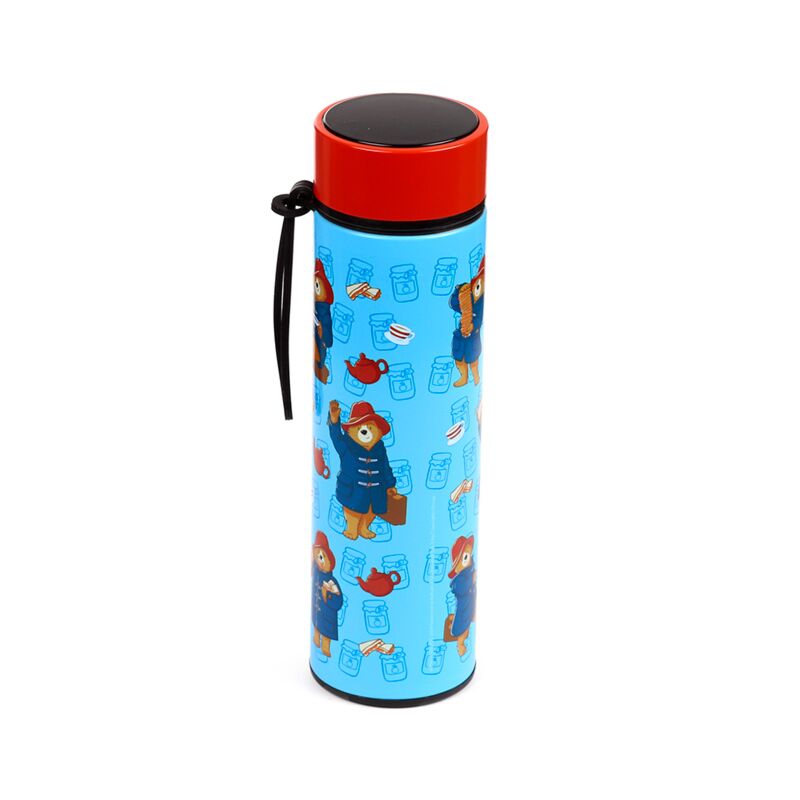 Paddington Bear-themed insulated drinks bottle with red cap and black strap