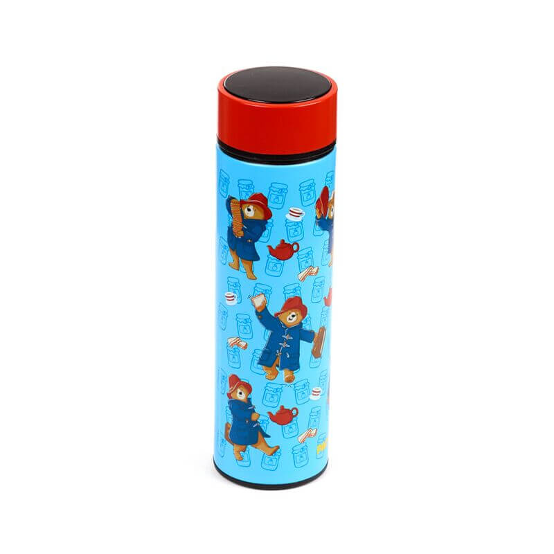 Reusable insulated drinks bottle with digital thermometer, Paddington Bear design on blue background with red cap.