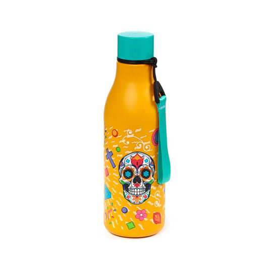 Day of the Dead 500ml insulated reusable bottle with teal cap and strap, colourful sugar skull design.