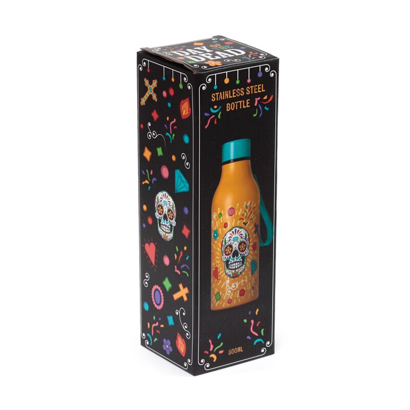 Day of the Dead 500ml stainless steel insulated bottle with colourful skull design on black packaging.