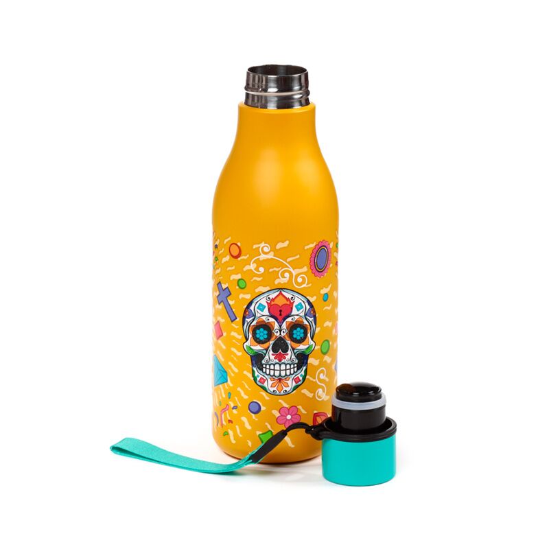 Day of the Dead 500ml insulated bottle in yellow with colourful sugar skull design and turquoise cap.
