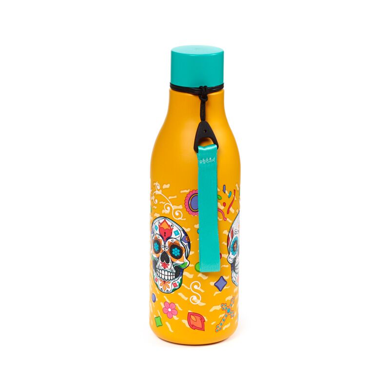 Day of the Dead themed reusable insulated drinks bottle, 500ml, yellow with sugar skull motifs, teal lid and strap.