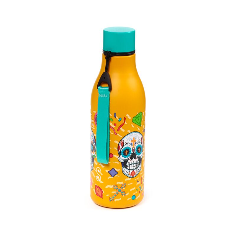 Day of the Dead themed 500ml insulated bottle, yellow with sugar skulls, turquoise cap and strap