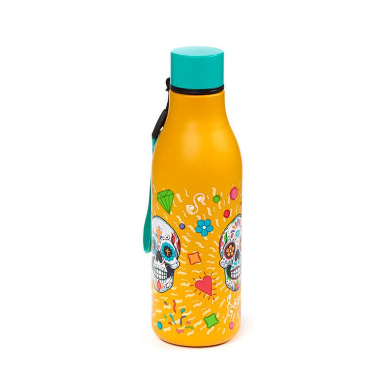 Day of the Dead themed 500ml insulated bottle with teal cap and colourful sugar skull decorations.
