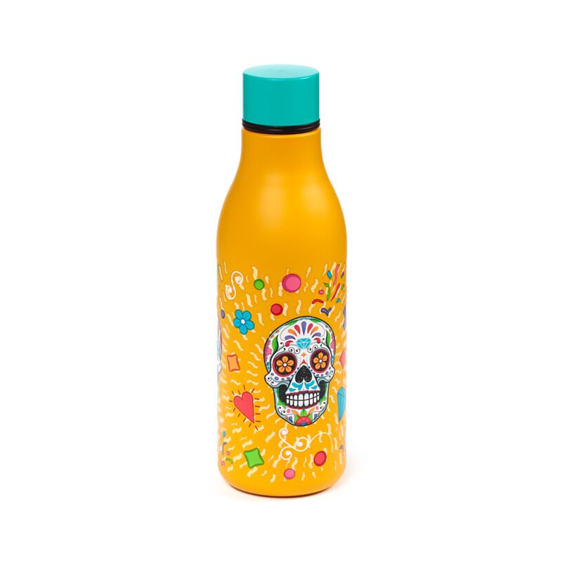 Day of the Dead 500ml insulated bottle in yellow with sugar skull design and teal cap.