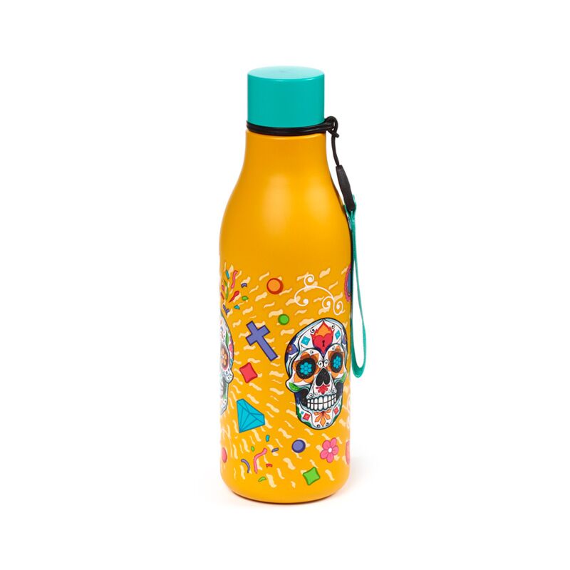 Day of the Dead 500ml insulated drinks bottle in orange with sugar skull design, turquoise cap and strap.