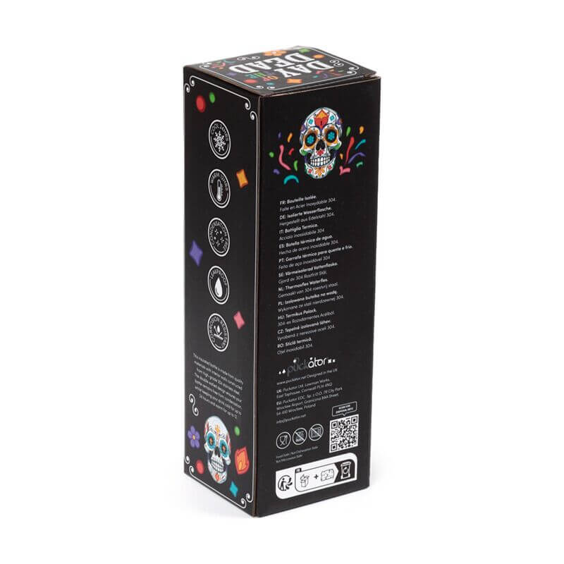 Box packaging for Reusable Insulated Drinks Bottle 500ml Day of the Dead with colourful skull artwork.