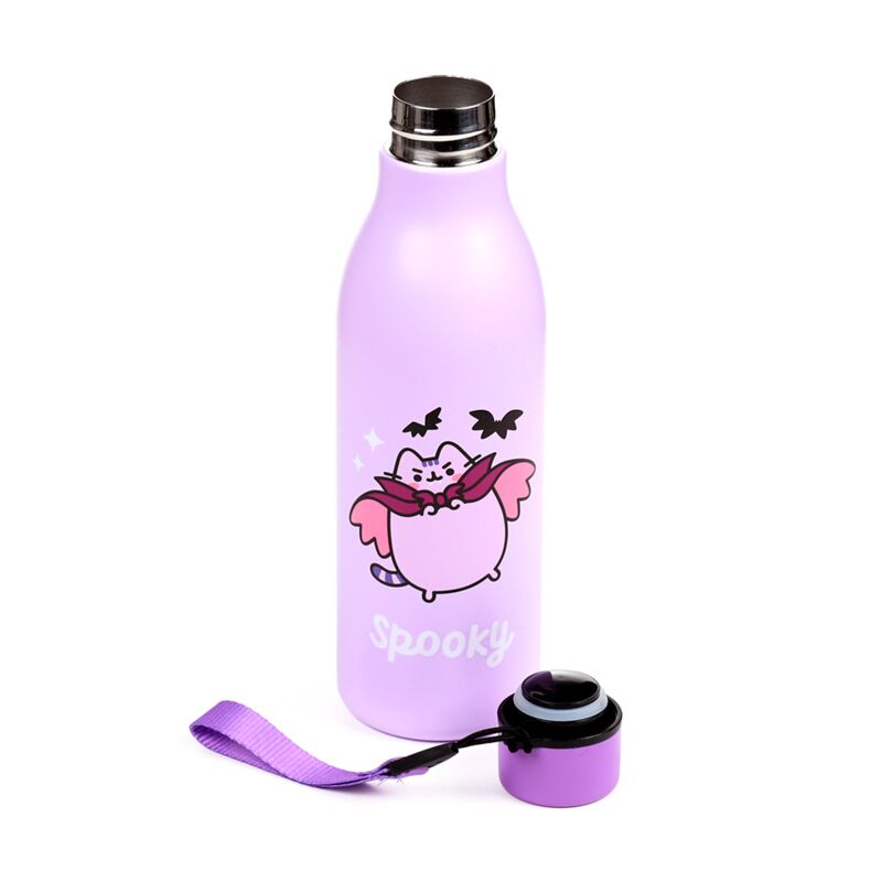 Reusable insulated 500ml bottle featuring Pusheen the Cat in Halloween Spooky design, purple with strap.