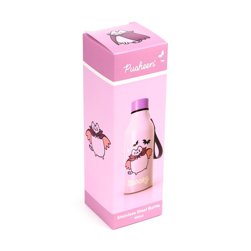 Pink packaging box for a 500ml Pusheen the Cat Halloween reusable insulated bottle, featuring cartoon Pusheen.