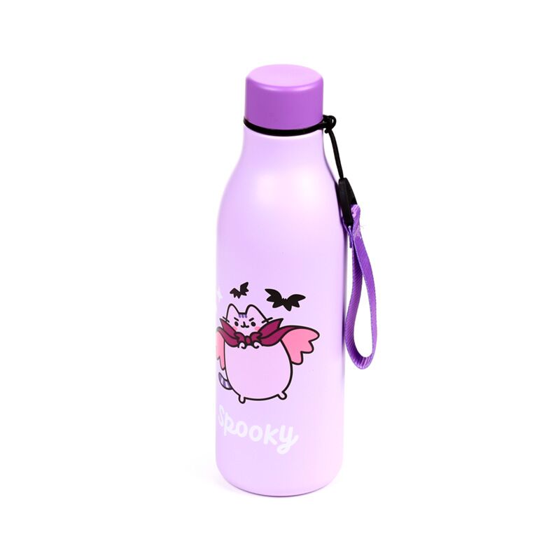Lavender 500ml insulated bottle featuring Pusheen the Cat in a Halloween pink cape with a purple strap.