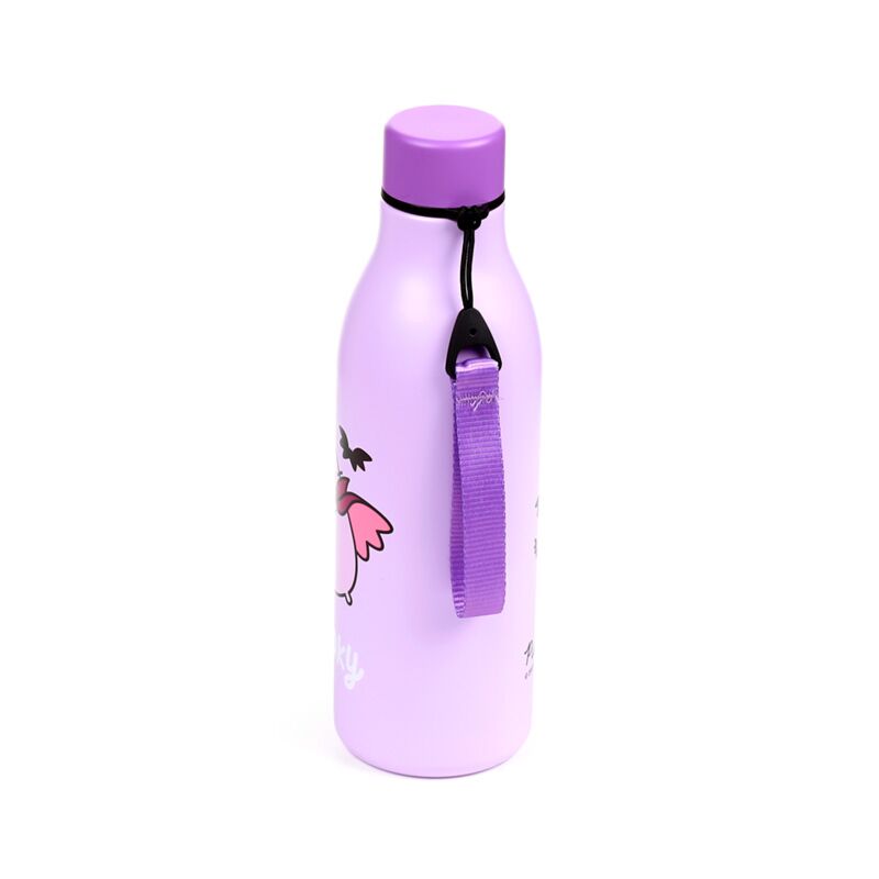 Purple 500ml insulated drinks bottle featuring Pusheen the Cat Halloween with a purple strap