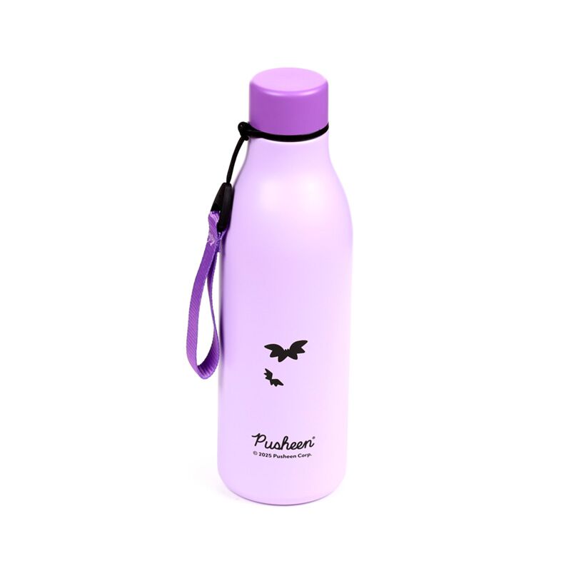 Purple 500ml insulated bottle featuring Pusheen Halloween bats and a purple strap.