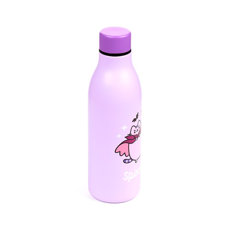 Lavender 500ml insulated reusable drinks bottle featuring Halloween Pusheen design and purple cap.