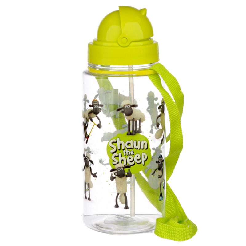 Licensed Shaun the Sheep 450ml children's water bottle with lime-green lid and strap