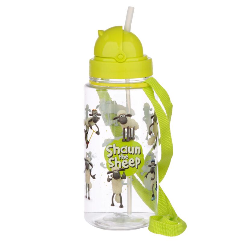 Shaun the Sheep 450ml children's water bottle with green lid, straw and strap.
