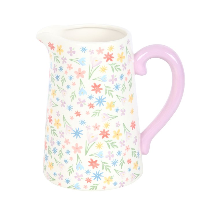 Charming Spring Floral Print Ceramic Flower Jug with vibrant blooms for a bright dining table or thoughtful gift.
