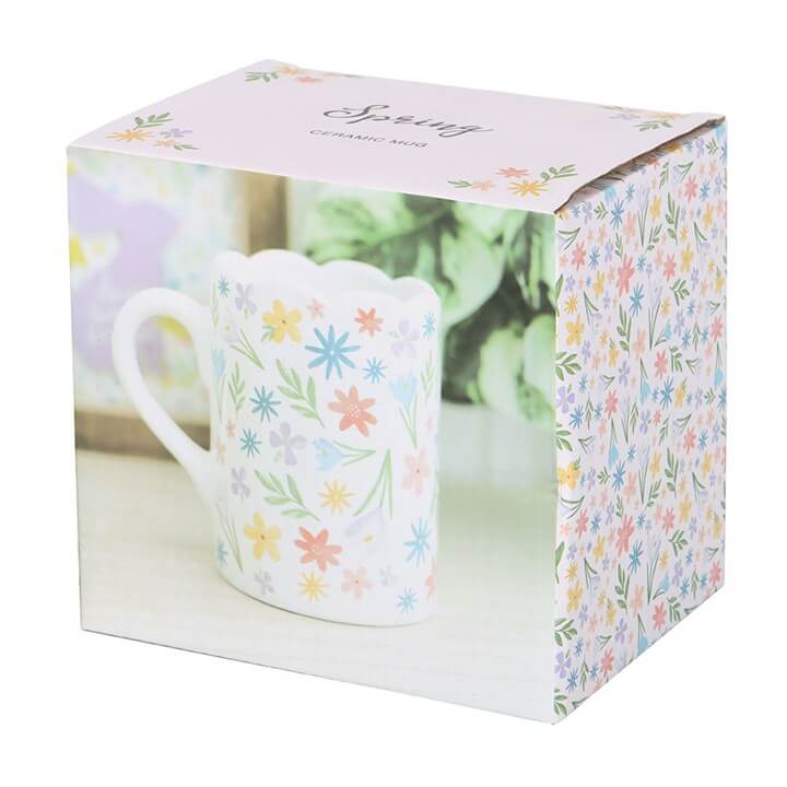 Delight in the Spring Floral Print Scalloped Mug, featuring pastel blooms and a charming scalloped rim. Perfect for tea!
