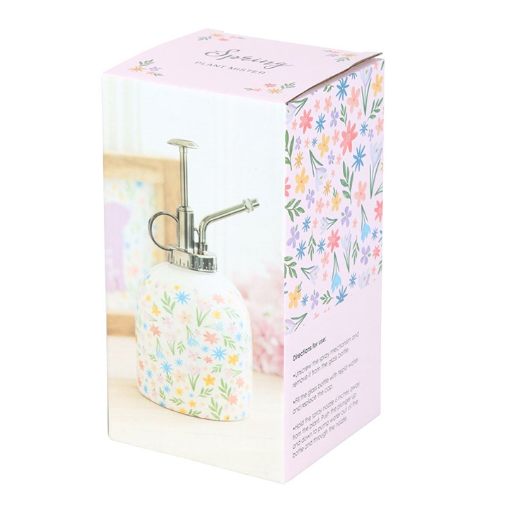 Spring Floral Print Ceramic Plant Mister in pastel design, perfect for indoor gardening enthusiasts and home decor.