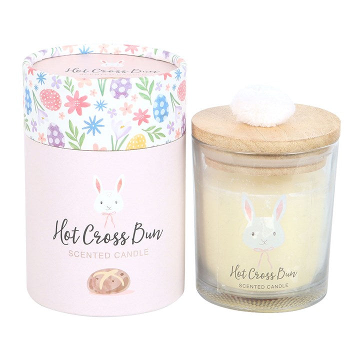 Sweetly designed Hot Cross Bun Candle with Easter bunny lid, perfect for gifting and filling your home with aroma.