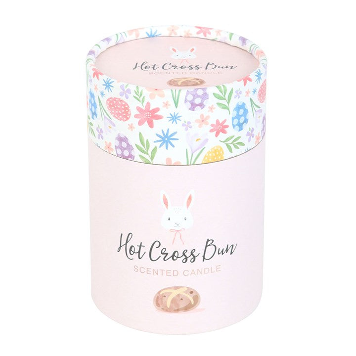Scented Hot Cross Bun Candle in a charming cylinder box featuring an adorable Easter bunny design. Perfect for gifts!