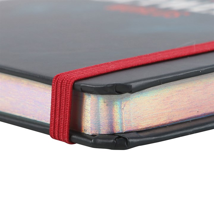 Notes Between Worlds A5 Notebook features a swirling red and blue design, perfect for jotting down adventures.