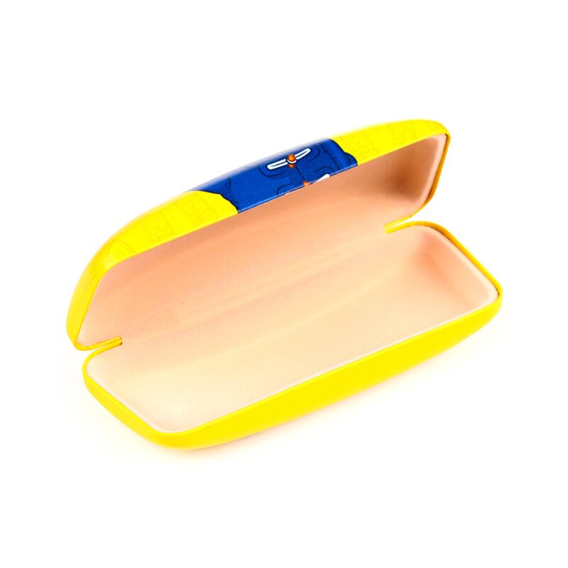 Paddington Bear glasses holder: yellow case with blue artwork, open to reveal pink interior.