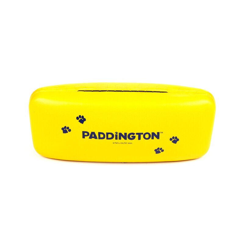 Yellow Paddington Bear glasses holder with blue paw prints, secure eyewear storage.