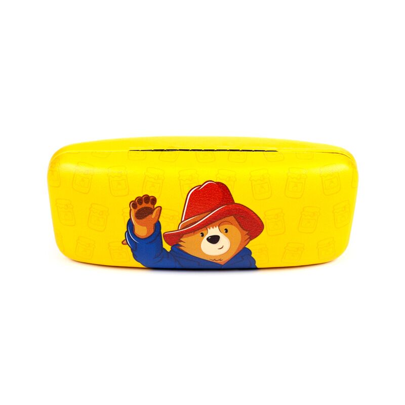 Yellow glasses/sunglasses holder featuring Paddington Bear waving design.