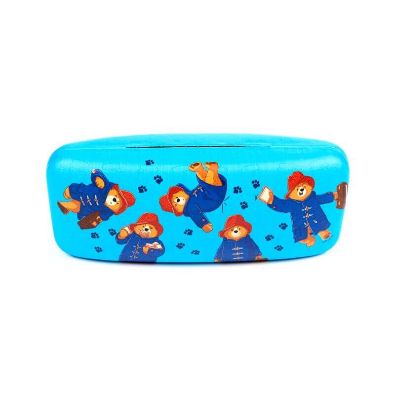 Blue Paddington Bear glasses holder case with multiple bear illustrations.