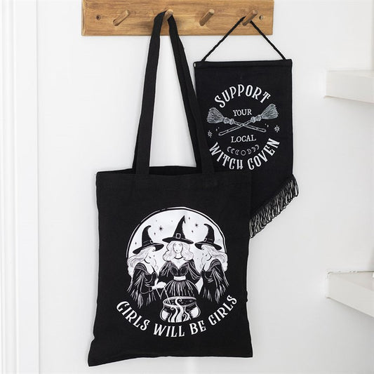 Girls Will Be Girls witchy polycotton tote bag with three spell-casting witches and the 'Girls Will Be Girls' slogan.