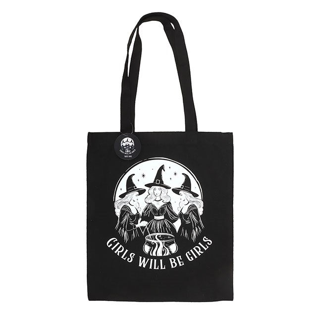 Black polycotton tote bag featuring Girls Will Be Girls with three witches around a cauldron.
