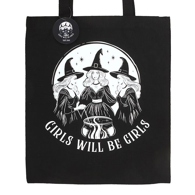 Black polycotton tote bag featuring three witches around a cauldron and the 'Girls Will Be Girls' slogan.